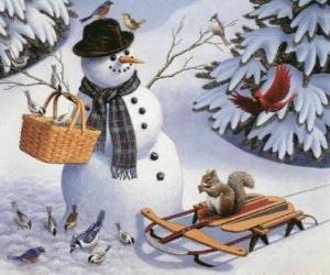 Snowman with a squirrel and several birds around puzzle