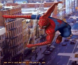 Spider Man moves in a very fast and agile way by the city balancing himself with his spider's web puzzle