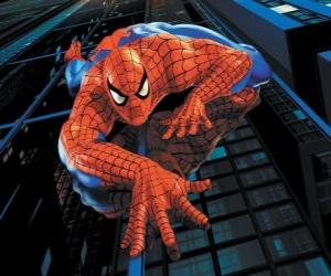 Spiderman climbing a building with his superpower acceding to almost all surfaces puzzle