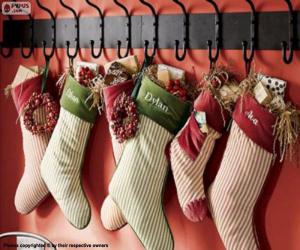 Stockings hung with Christmas gifts puzzle