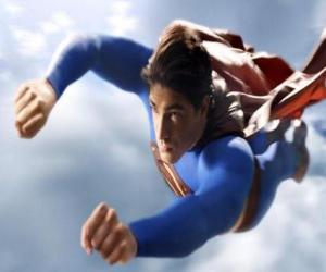 Superman flying into the sky, with closed fists and with his suit coat puzzle