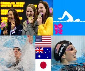 Swimming Women's 100 metre backstroke podium, Missy Franklin (United States), Emily Seebohm (Australia) and Aya Terakawa (Japan) - London 2012 - puzzle