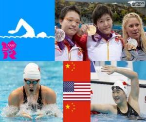 Swimming Women's 400 metre individual medley podium, Shiwen Ye (China), Elizabeth Beisel (United States) and Li Xuanxu (China) - London 2012 puzzle