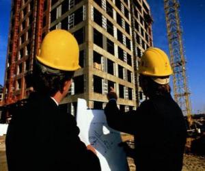 Technician consulting a plane in the building work - Architect, foreman builder, quantity surveyor or engineer puzzle