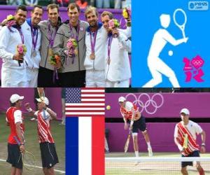 Tennis men's doubles podium double male, Bob Bryan and Mike Bryan (United States), Michael Llodra, Jo-Wilfried Tsonga and Julien Benneteau, Richard Gasquet (France) - London 2012 - puzzle
