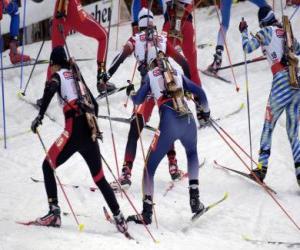 The biathlon in a winter sport of combining cross-country skiing with target shooting. puzzle