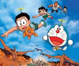 The cat Doraemon with his friends Nobita, Shizuka, Suneo and Takeshi puzzle