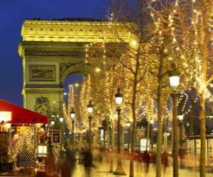 The Champs Élysées decorated for Christmas with the Arc de Triomphe in the background. Paris, France puzzle