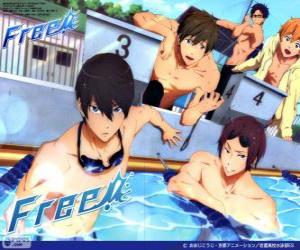 The five protagonists of Free! Rin, Haruka, Nagisa, Rei and Makoto puzzle