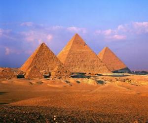 The Great Pyramid of Giza in the center along with two other important pyramids of the Giza Necropolis complex on the outskirts of Cairo, Egypt puzzle