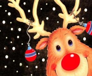 The head of Rudolf, the red nose reindeer, decorated with Christmas decorations puzzle