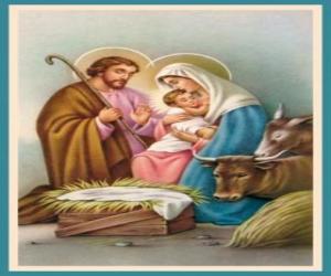The Holy Family - Joseph, Mary and infant Jesus in the manger with the ox and the mule puzzle
