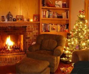 The living room of a house on Christmas night on the fire and the tree with gifts puzzle