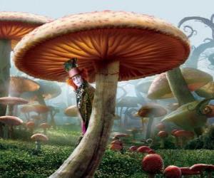 The Mad Hatter (Johnny Depp), hidden under a mushroom puzzle