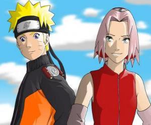 The main characters Naruto Uzumaki and Sakura Haruno smiling puzzle