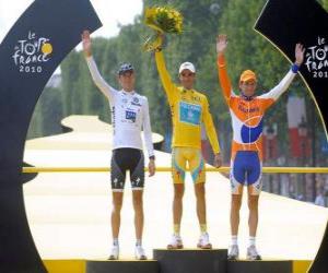 The podium of the 97th Tour de France: Alberto Contador, Andy Schleck and Denis Menchov, in Arc de Triomphe and the Champs Elysees background puzzle