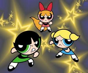 The Powerpuff Girls flying among the stars thanks to their super powers puzzle