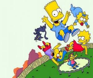 The Simpson brothers with friends Milhouse and Nelson jumping on a trampoline puzzle
