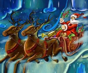 The sled full of gifts flying with Santa Claus and the magic reindeers puzzle