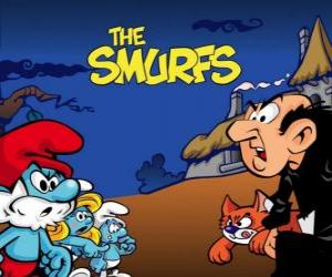 The Smurfs versus evil warlock Gargamel and his cat Azrael puzzle