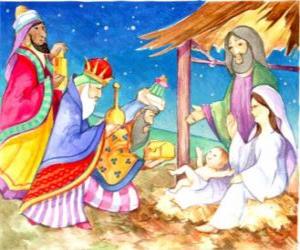 The Three Kings delivering their gifts, gold, frankincense and myrrh, to the infant Jesus puzzle