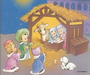 The Three Kings delivering their gifts, gold, frankincense and myrrh, to the infant Jesus puzzle