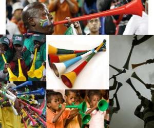The vuvuzela, is a kind of long trumpet, used by fans to cheer on their teams, feature in South African football. puzzle