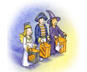 Three children dressed for trick or treat - A ghost, a witch and a demon with bags puzzle