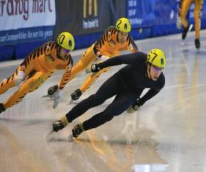 Three skaters in a speed skating race puzzle