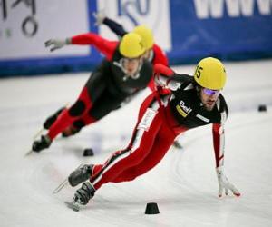 Three skaters in a speed skating race puzzle