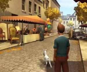 Tintin with his dog Snowy walking down the street puzzle