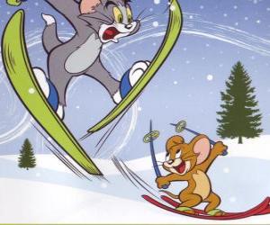 Tom and Jerry in the snow with skis puzzle