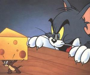 Tom the cat surprised Jerry the mouse to taking a piece of cheese puzzle