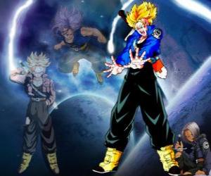 Trunks is half human and half Saiyan, Vegeta and Bulma's son and brother of Bra. In the future, the only remaining saiyajin well as the protector of the earth. puzzle