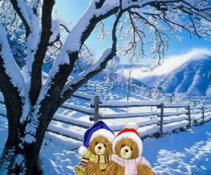 two bears very warm in a Christmas landscape puzzle