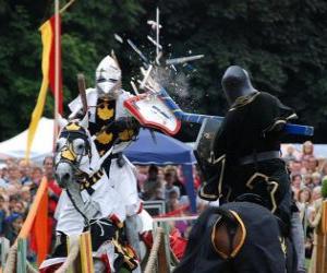 Two knights on horseback participating in a tournament puzzle