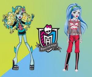 Two students from Monster High, Lagoona Blue and Ghoulia Yelps puzzle