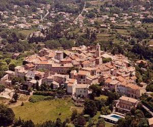 Village in the landscape, with the tower or church steeple puzzle