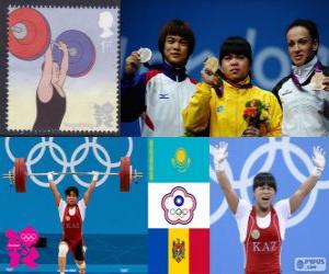 Weightlifting 53kg women's podium, Zulfiya Chinshanlo (Kazakhstan), Hsu Shu-Ching (Chinese Taipei) and Cristina Iovu and Cristina Iovu (Moldova) - London 2012 - puzzle