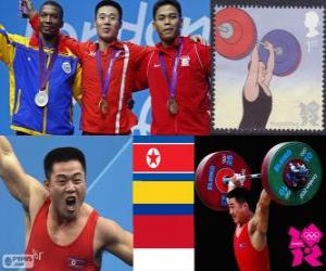 Weightlifting men's 62kg podium, Kim Un-Guk (North Korea), Oscar Figueroa (Colombia) and Eko Yuli Irawan (Indonesia) - London 2012 - puzzle