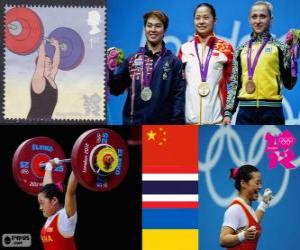 Weightlifting women's 58kg podium, Li Xueying (China), Pimsiri Sirikaew (Thailand) and Yulia Kalina (Ukraine) - London 2012 - puzzle