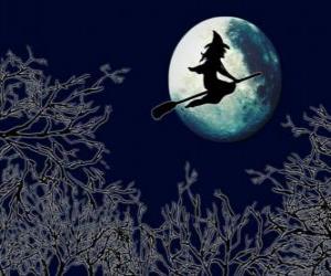 Witch flying in her magic broomstick on the night of Halloween puzzle