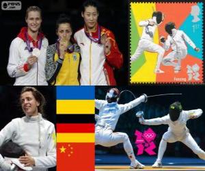 women's fencing Individual épée podium, Yana Shemiakina (Ukraine), Britta Heidemann (Germany) and Sun Yujie (China) - London 2012 - puzzle