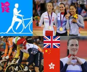 Women's Keirin track cycling podium, Victoria Pendleton (United Kingdom), Guo Shuang (China) and Lee Wai-Sze (Hong Kong) - London 2012 - puzzle