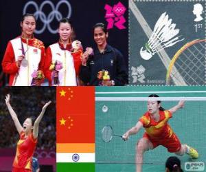 Women's singles Badminton podium, Li Xuerui (China), Wang Yihan (China) and Saina Nehwal (India) - London 2012 - puzzle