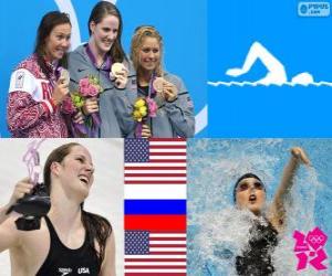 Women's swimming 200 m backstroke podium, Missy Franklin (United States), Anastasia Zueva (Russia) and Elizabeth Beisel (United States) - London 2012 - puzzle