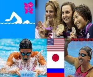 women's swimming 200 metre breaststroke podium, Rebecca Soni (United States), Satomi Suzuki (Japan), Yulia Efimova (Russia) - London 2012 - puzzle